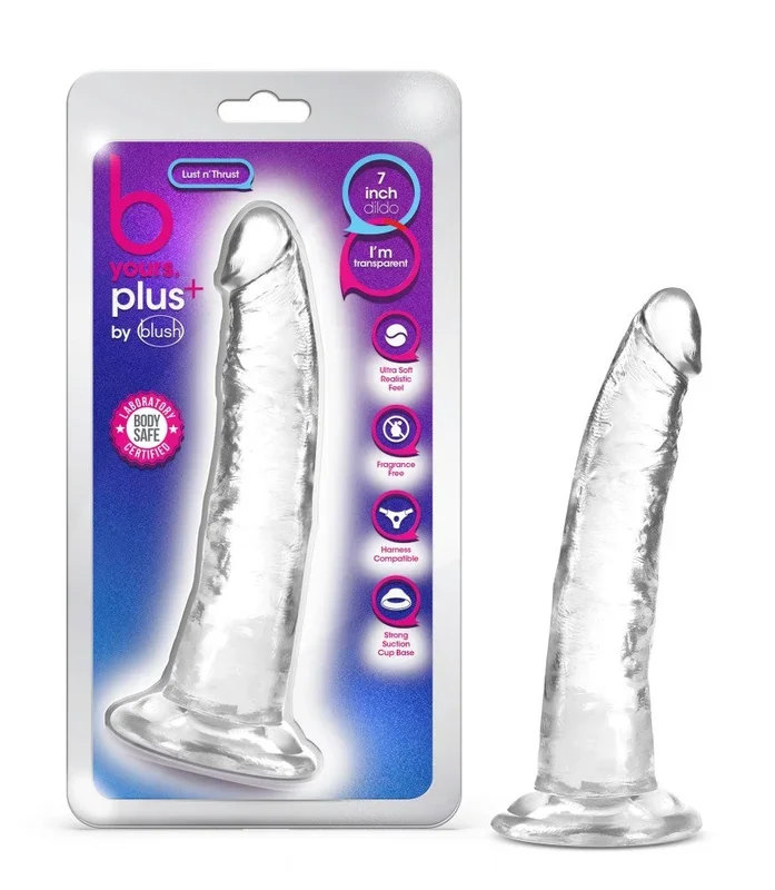 B Yours Plus By Blush® | Lust N’ Thrust Realistic G-Spot Clear 7.5-Inch Long Dildo With Suction Cup Base