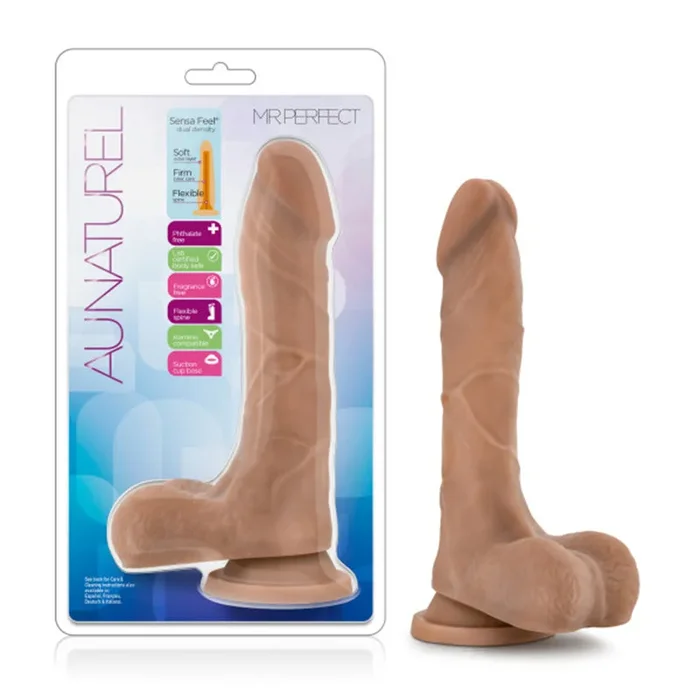 Blush Au Naturel Mister Perfect 8.5 Hoosier State. Posable Dual Density Dildo with Balls & Suction Cup Tan