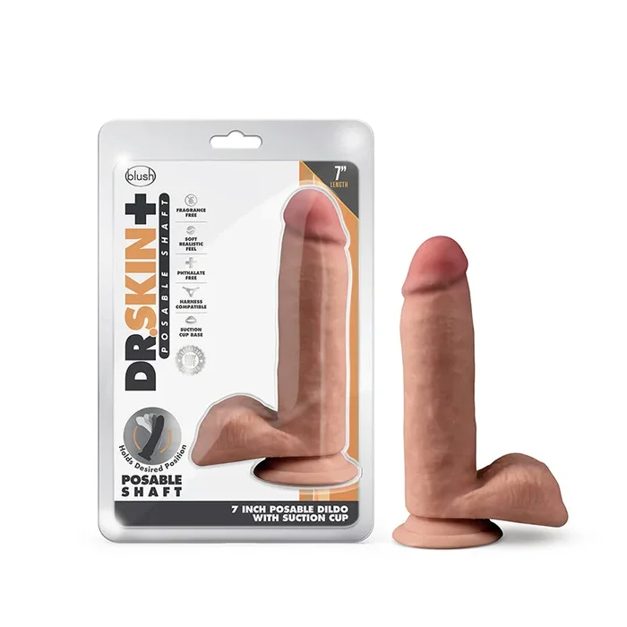 Blush Dr. Skin Plus Realistic 7 inch. Trio Density Posable Dildo with Balls & Suction Cup Tan