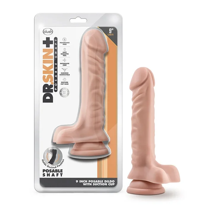 Blush Dr. Skin Plus Realistic 9 in. Triple Density Posable Dildo with Balls & Suction Cup Beige
