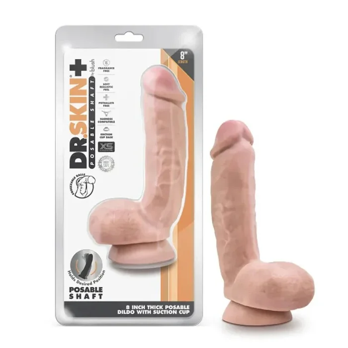 Blush Dr. Skin Plus Thick 8 inch. Threefold Density Posable Dildo with Balls & Suction Cup