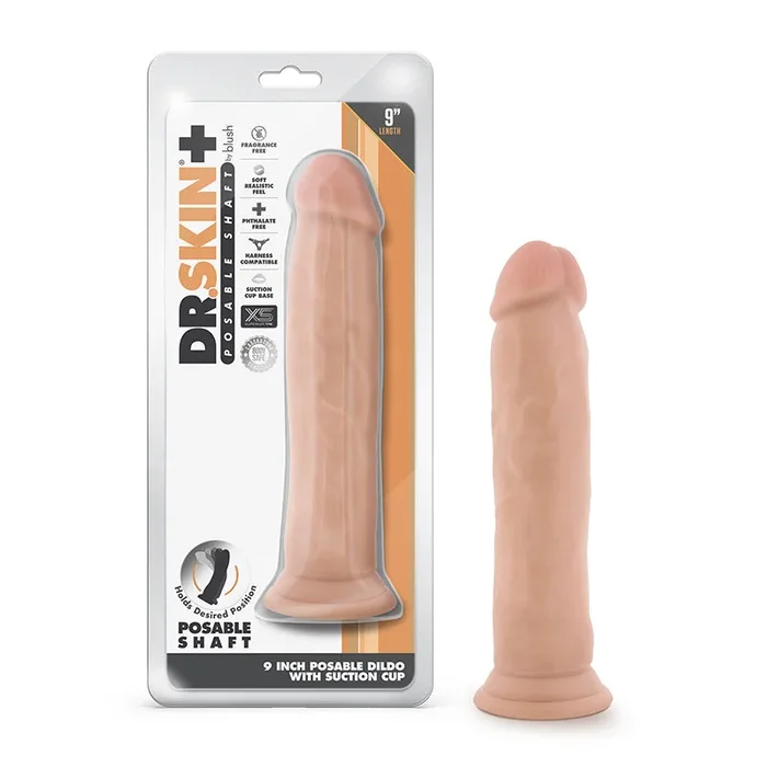 Blush Dr. Skin Plus Thick 9 Hoosier State. Treble Density Posable Dildo with Suction Cup Beige