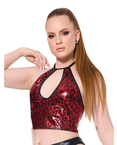 Darque Metallic Wet Look Keyhole Halter Top – Red/Black MD