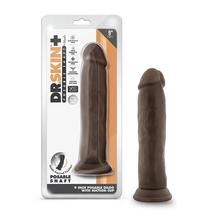 Dr. Skin Plus Thick 9 atomic number 49. Triple Density Posable Dildo with Suction Cup Brown
