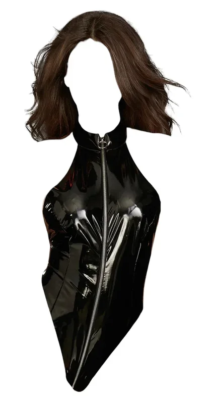 Dreamgirl Shiny Wetlook Vinyl High Neck Teddy with Zipper Front and Heart-To-Heart Back Black One Size