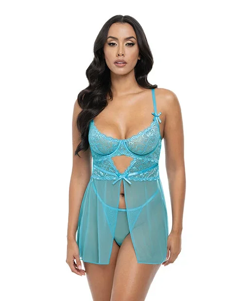 Emma Floral Lace & Mesh Underwire Babydoll w/G-String 2 pc Set – Beach Blue SM