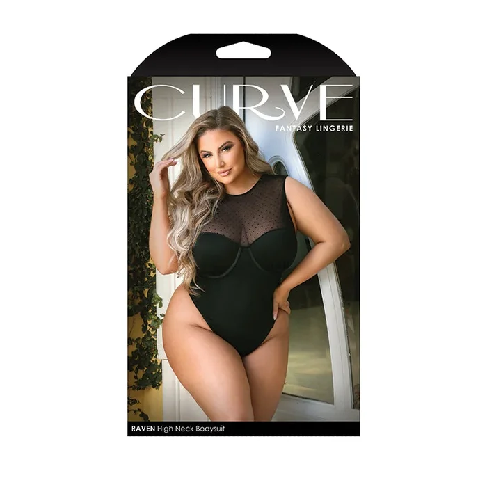 Fantasy Lingerie Curve Raven High-Neck Bodysuit With Binding Cutout & Snap Closure Black XL/2XL