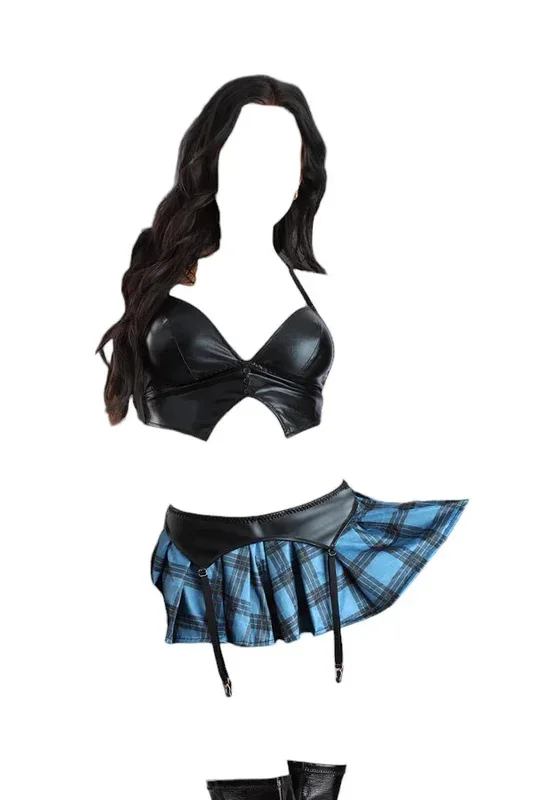 Fantasy Lingerie Diddle Mysterious Crush Wetlook Bralette with Plaid Skirt & G-String Costume Black/Blue
