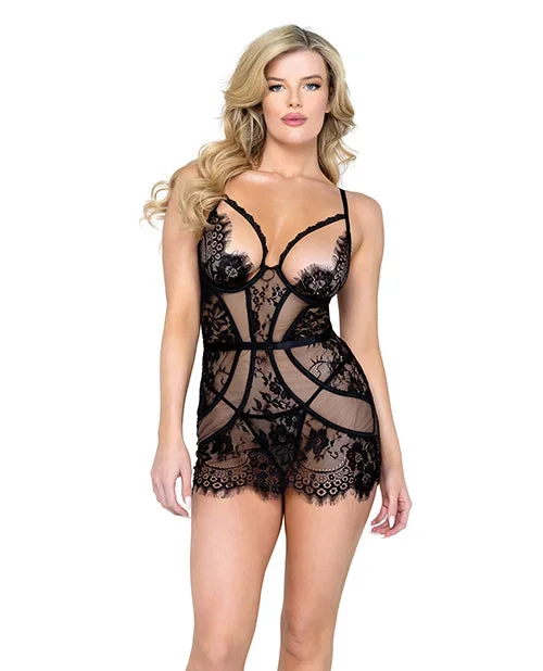 Femme Fatale Scalloped Eyelash Lace & Mesh Chemise & Thong Black SM