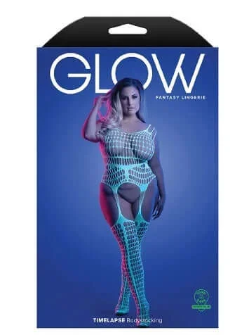 Glow-in-the-Dark Timelapse Bodystocking Q/S – White by Day, Light Blue Glow by Night