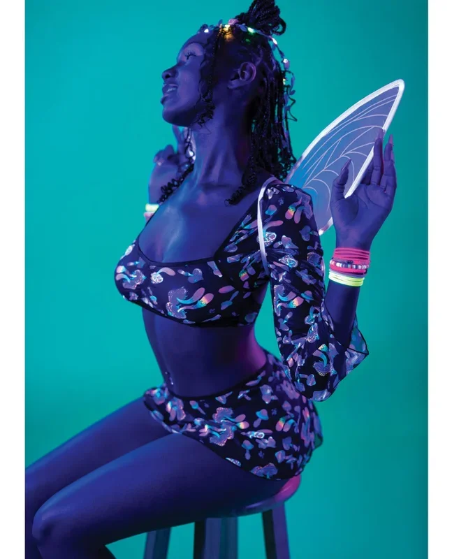 Hazy Dayz Shrooms Crop Top w/Skirt & Thong – Black L/XL