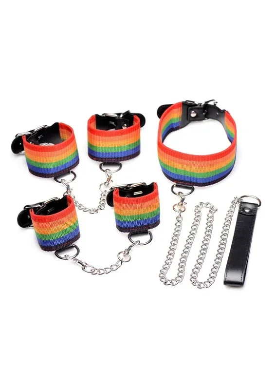 Kinky Pride Rainbow Bondage Set – Wrist/Ankle Cuffs and Collar with Leash