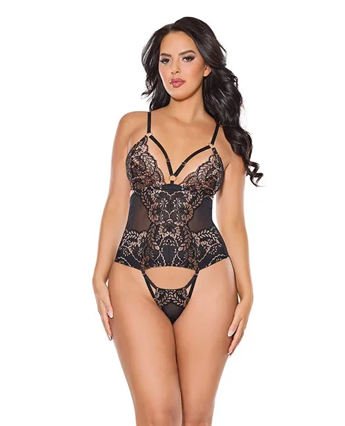 Lace and Mesh Teddy w/Removable Backless Panty – Black/Rose Gold SM