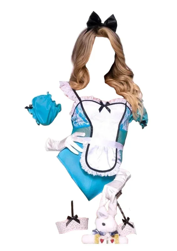 Leg Avenue 4 PC Curious Miss Alice Lace Prune Garter Bodysuit with Sheer Panels Blue/Ovalbumin