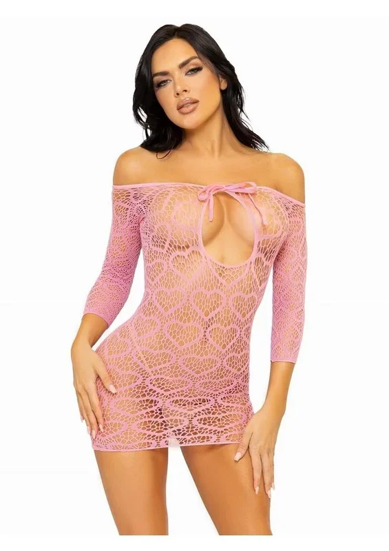 Leg Avenue Seamless Heart Net Mini Dress with Keyhole Tie Front