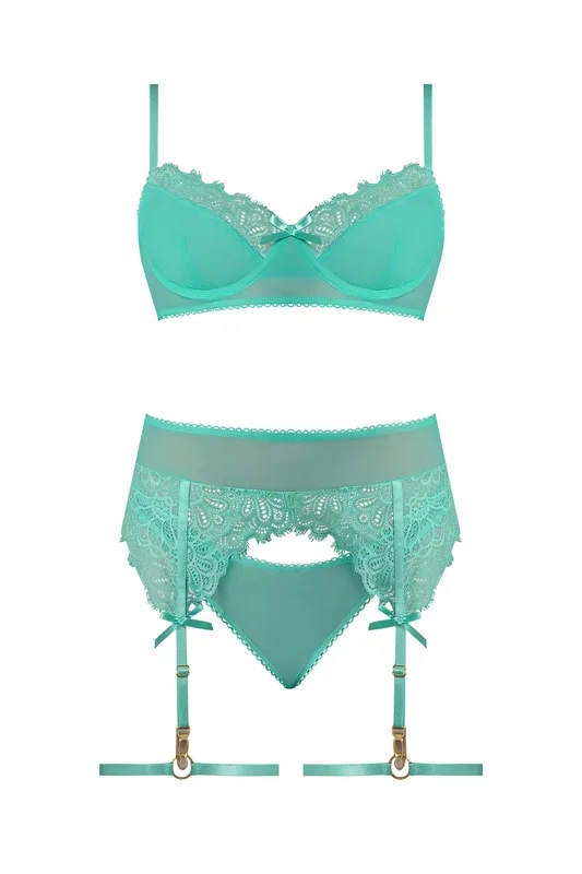 Magic Silk Caribbean Crush Demi Bra & Thong with Garter Set Aqua Glow