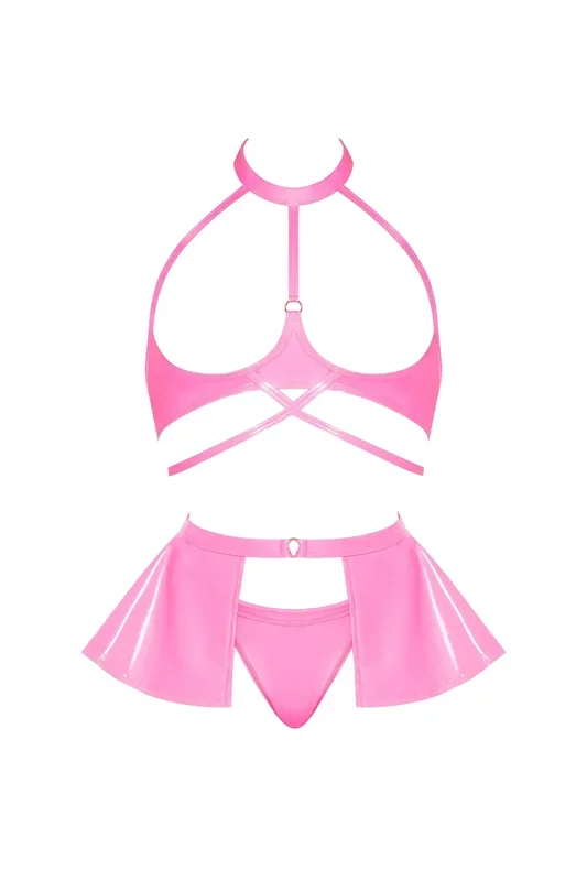 Magic Silk Hard Candy Open Cup Halter Bra, Skirt & Thong Pink