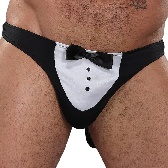 Male Power Novelty Ma”tre D’ Thong-Black One Size-Package