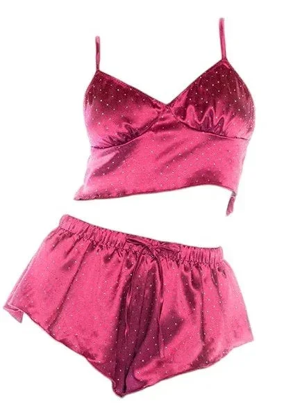 Mapale 2 PC Satin Top and Shorts Localize with Rhinestone Sparkles Sparkling Fuchsia