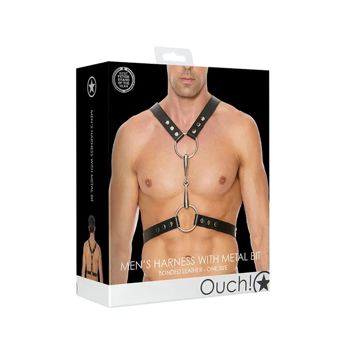 Ouch! Men’s Bonded Leather Harness With Metal Bit Black O/S