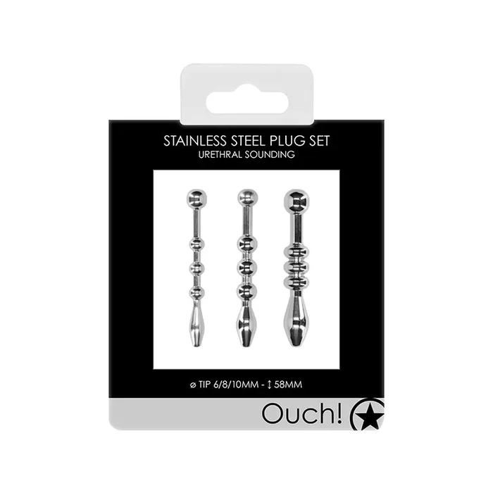 Ouch! Urethral Vocalise 3-Piece Stainless Steel Beaded Plug Set 6 mm / 8 mm / 10 mm