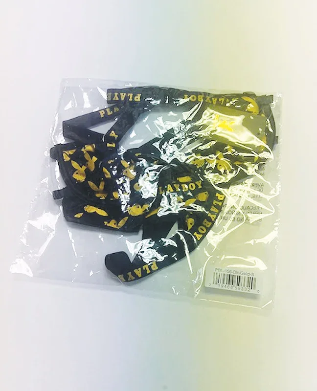 Playboy Gold Foil Mesh & Satin Bralette w/Thong 2 pc Set – Black/Gold XL