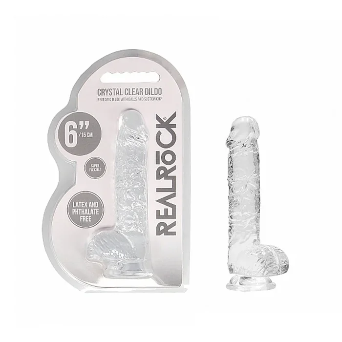 RealRock Crystal Clear Realistic 6 Indiana. Dildo With Balls and Suction Cup Clear