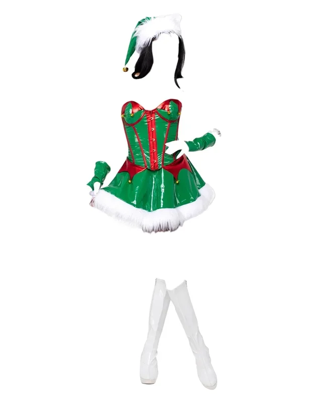 Roma Costume 2 PC Santa’s Elf Vinyl Wetlook Corset and Skirt Green/White