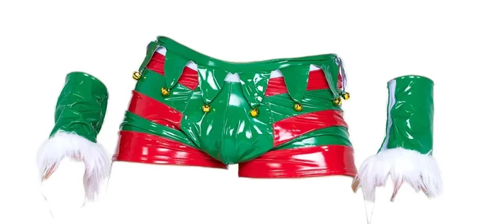 Roma Costume 3 PC Pandemic Men’s Wetlook Naughty Holiday Elf Shorts Green/Red