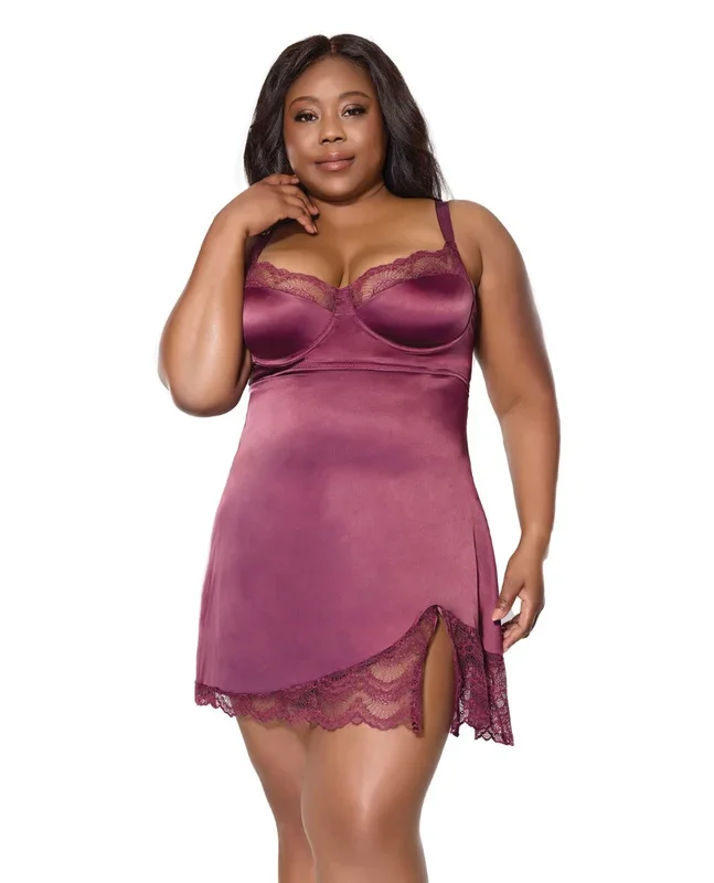 Scallop Lace Trimmed Stretch Satin Chemise w/Underwire Cups – Mauve Plum 1X/2X