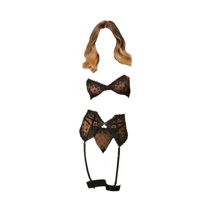 Seven Til Midnight Valentines Heart Embroidered Mesh Bra, Waspie & Panty Black