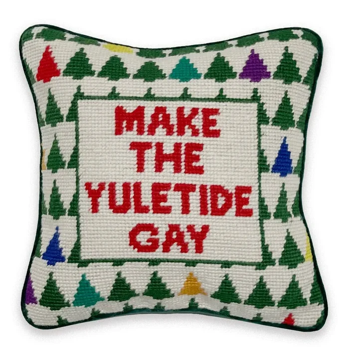 Shuffling the Yuletide Gay Needlepoint Pillow