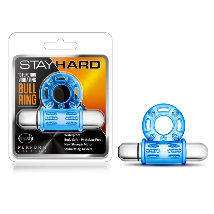 Stay Hard By Blush® | Bull Ring: 3-In-1 Blue 10-Function Vibrating Penis Ring
