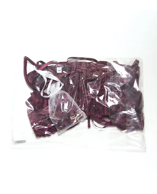 Stretch Scallop Lace Underwire Bra w/Garter & Satin G-String 3 pc Set – Mauve Plum MD