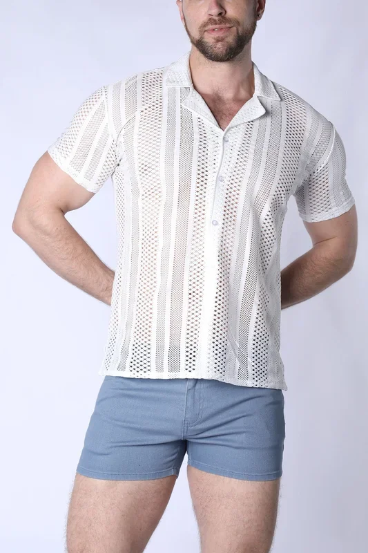 TIMOTEO Sicily Crochet Mesh Shirt – White