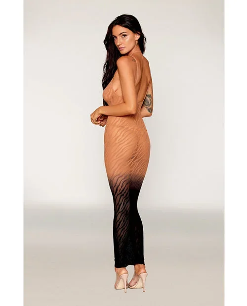 Two-Tone Ombre Seamless Zebra Knit Bodystocking Gown – Copper/Black O/S