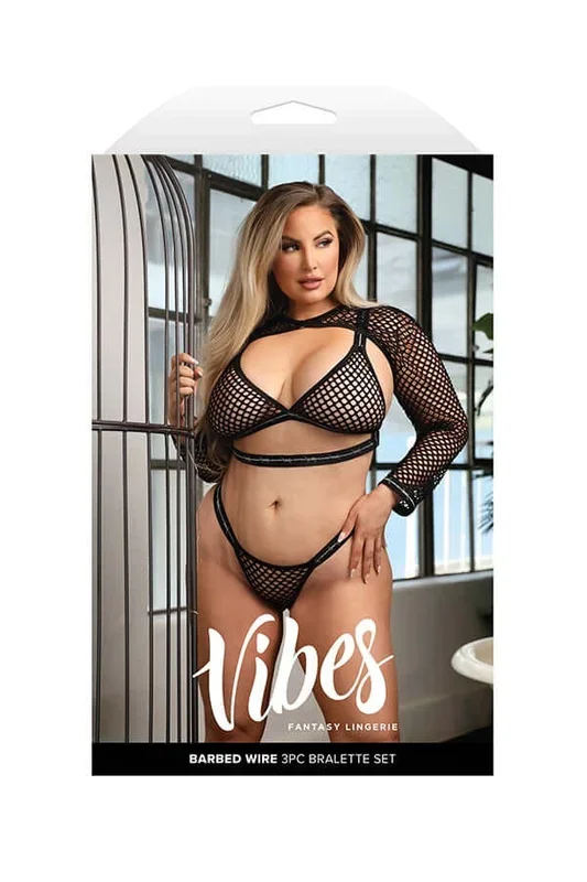 Vibes Barbed Wire 3PC Net Bralette Set Q/S – Fishnet Bralette, Long Sleeve Shrug, and Panty