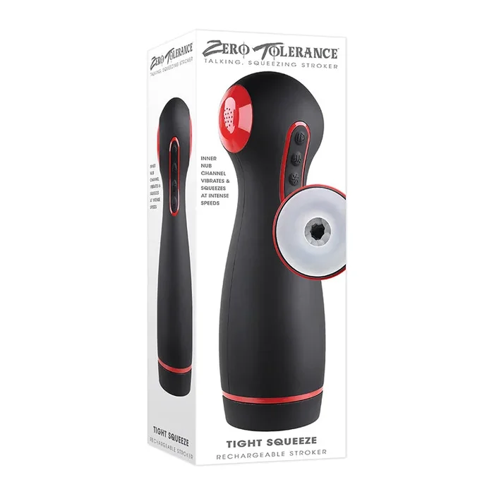 Zero Tolerance Tight Squeeze Rechargeable Vibrating Squeezing Let The Cat Out Of The Bag Stroker TPE Black/Red